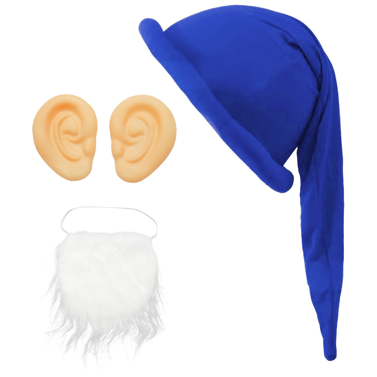 Christmas Dwarf Gnome Elf Cosplay Costume Accessories Padded Brim Hat with 1 Pair Ears White Beard Halloween Xmas Party Props