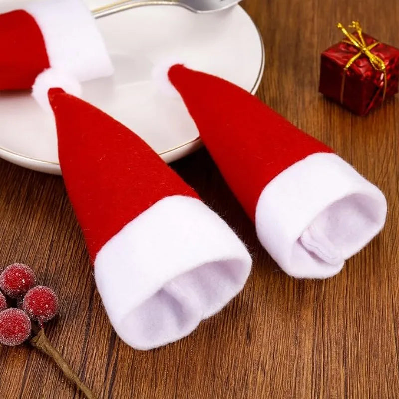 Mini Santa Hat Wine Bottle Covers – Cute Red Velvet Bottle Toppers & Silverware Pouch for Christmas Dinner Party Table Decor