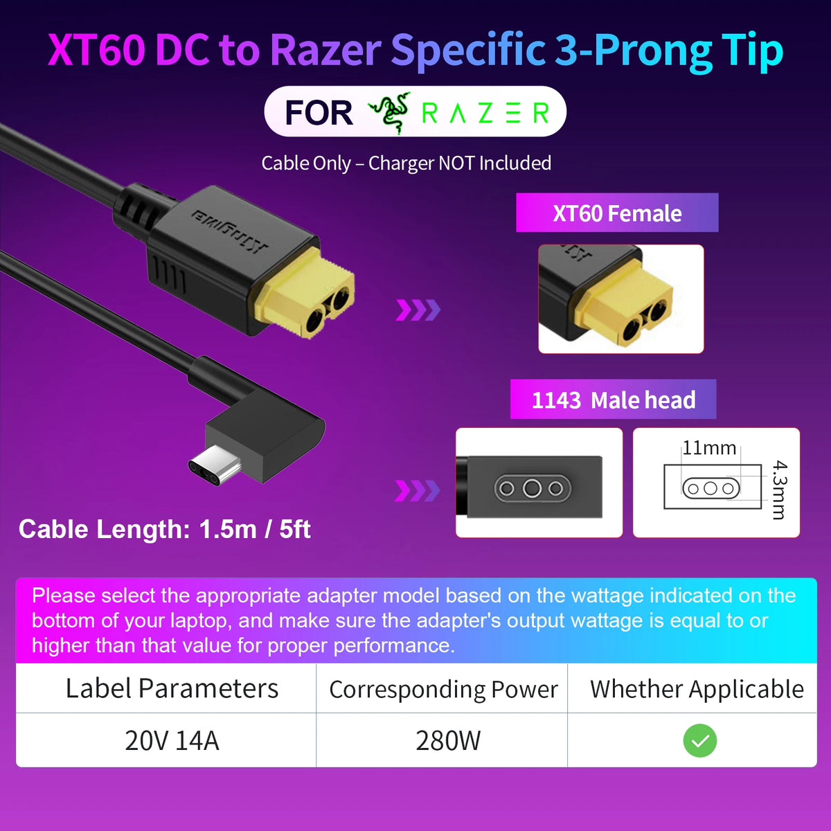 330W GaN Charger Laptop, XT60 to DC Cable Adapter,  Compatible with Lenovo, ASUS, Dell, Alienware, HP, Acer, MSI, Razer, Xiaomi