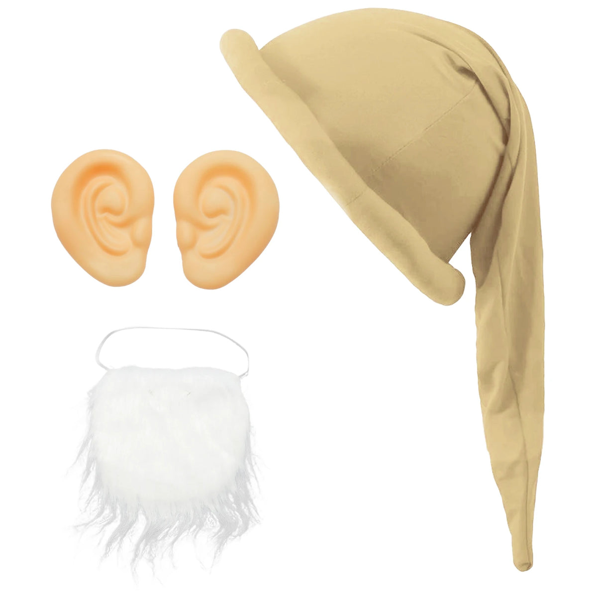 Christmas Dwarf Gnome Elf Cosplay Costume Accessories Padded Brim Hat with 1 Pair Ears White Beard Halloween Xmas Party Props
