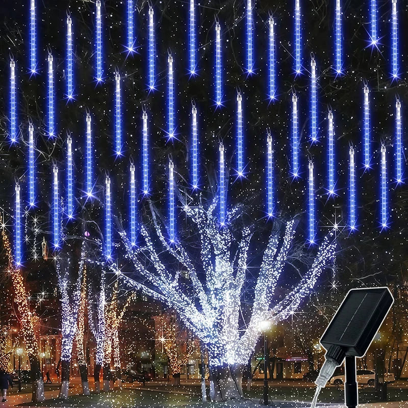 CELESTIAL CASCADE | Waterproof Solar LED Meteor Shower & Falling Rain Cascading Lights (8 Tubes)