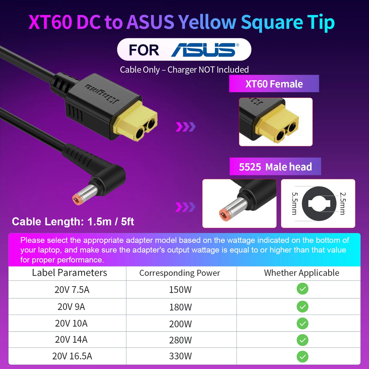 330W GaN Charger Laptop, XT60 to DC Cable Adapter,  Compatible with Lenovo, ASUS, Dell, Alienware, HP, Acer, MSI, Razer, Xiaomi