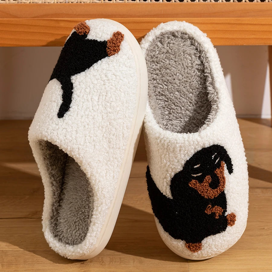 Women Slippers Cartoon Cute Interesting Dachshund Dog Indoor Warm Comfort Lightweight Bedroom Couple Winter Cotton Shoes