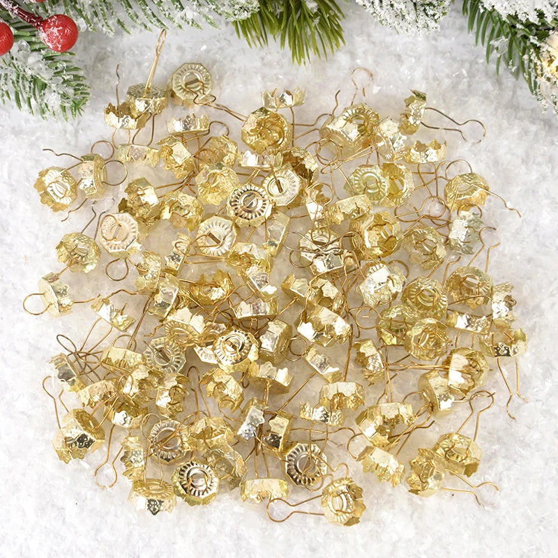 50Pcs Christmas Themed Metal Ornament Caps With Hangers Golden Silver Designs For Xmas Bauble Decorations New Year Tree Ornament