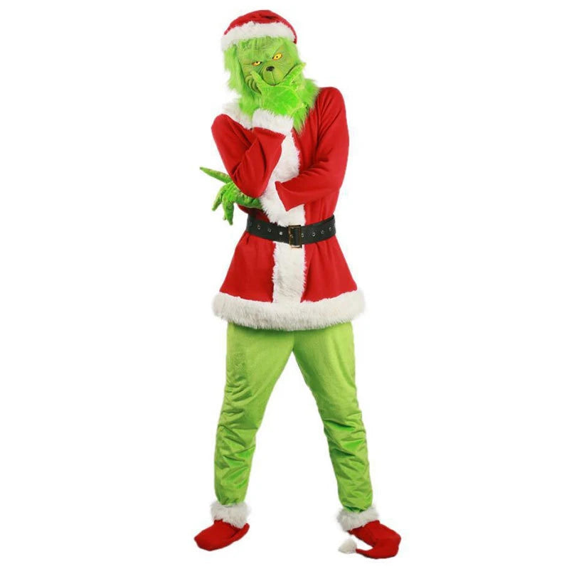 Deluxe Green Holiday Monster Cosplay Costume Set – Complete Christmas Santa Suit with Plush Mask, Coat, Pants, Gloves & Accessories for Adults