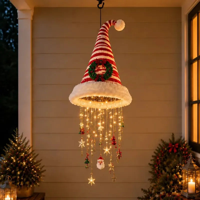 Lighted Santa Hat Hanging Chandelier – Warm LED Cascading Fringe Pendant Lamp for Porch, Patio, Window & Holiday Party Decor