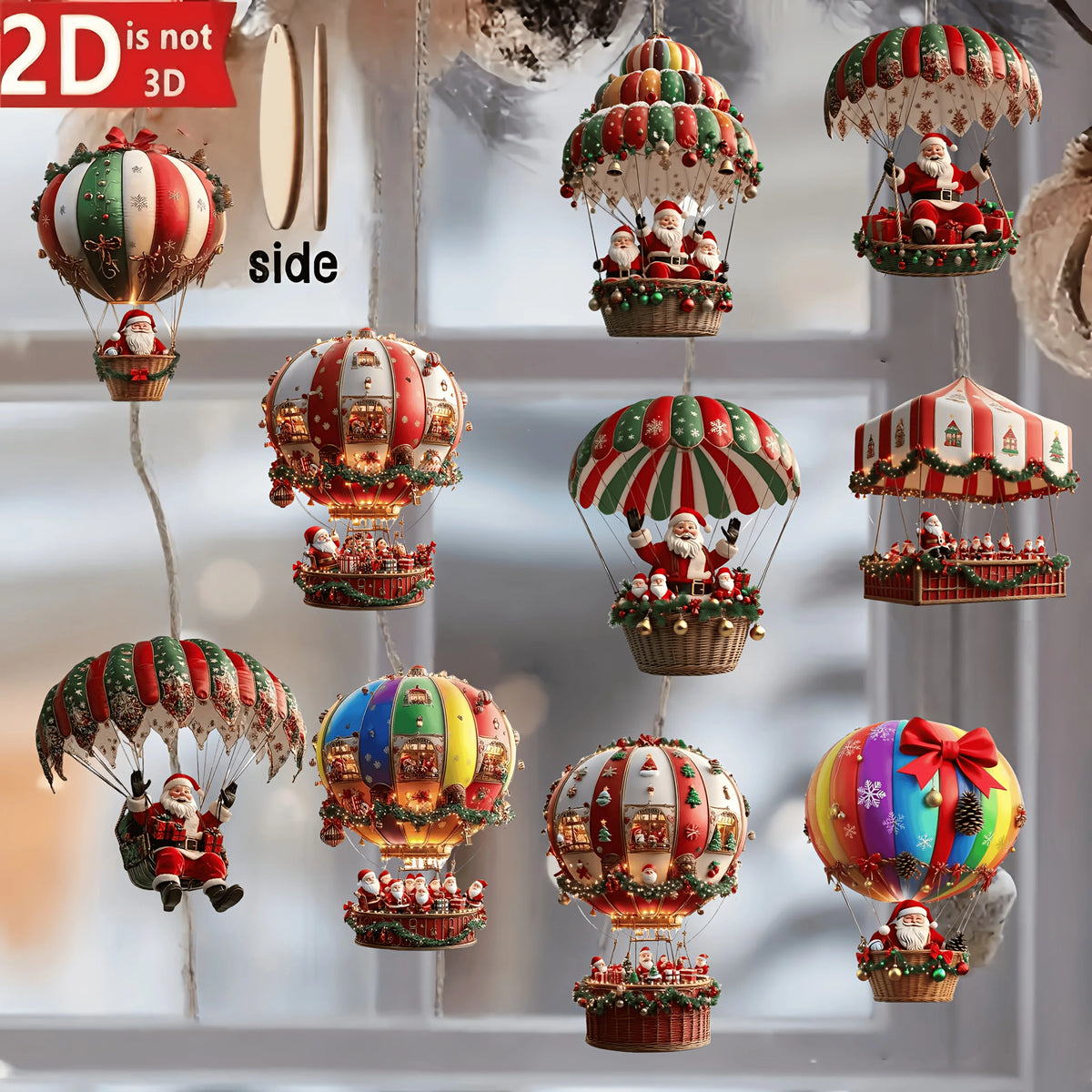10Pcs Christmas Wooden Hot Air Balloon Santa Claus 2D Flat Wooden Pendant Christmas Tree Decoration Perfect Holiday Gift Decor