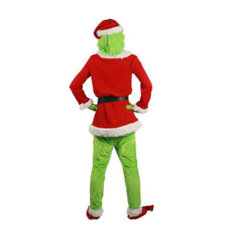 Deluxe Green Holiday Monster Cosplay Costume Set – Complete Christmas Santa Suit with Plush Mask, Coat, Pants, Gloves & Accessories for Adults