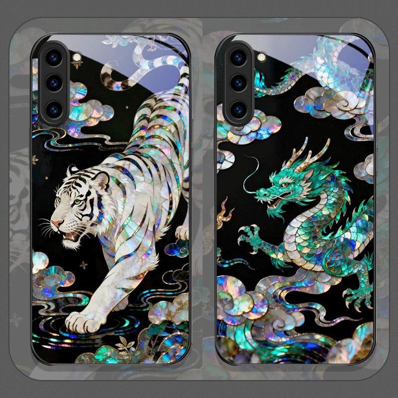 Stylish Tiger Dragon Marble Texture Printed Tempered Glass Phone Case for Samsung Galaxy S25 Ultra S24 S23 Plus S22 S21 FE Cover
