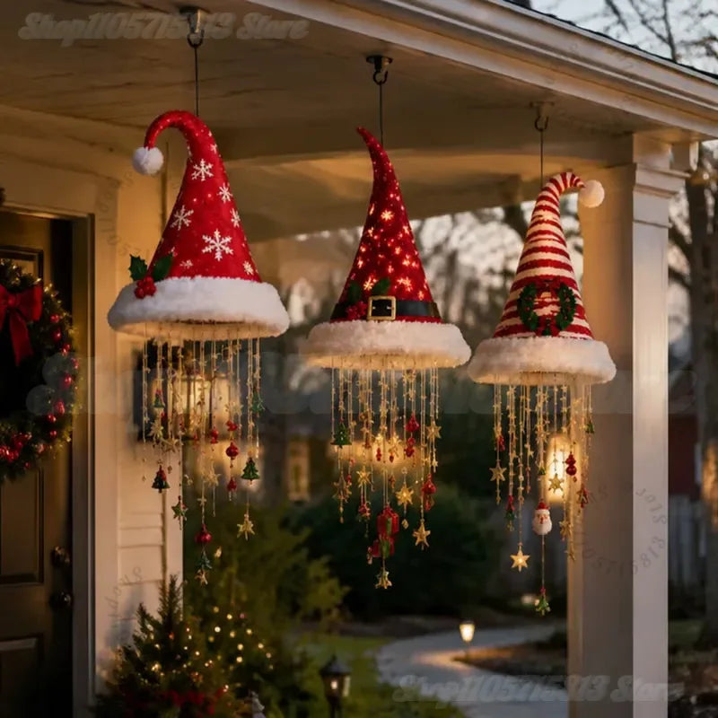 Lighted Santa Hat Hanging Chandelier – Warm LED Cascading Fringe Pendant Lamp for Porch, Patio, Window & Holiday Party Decor