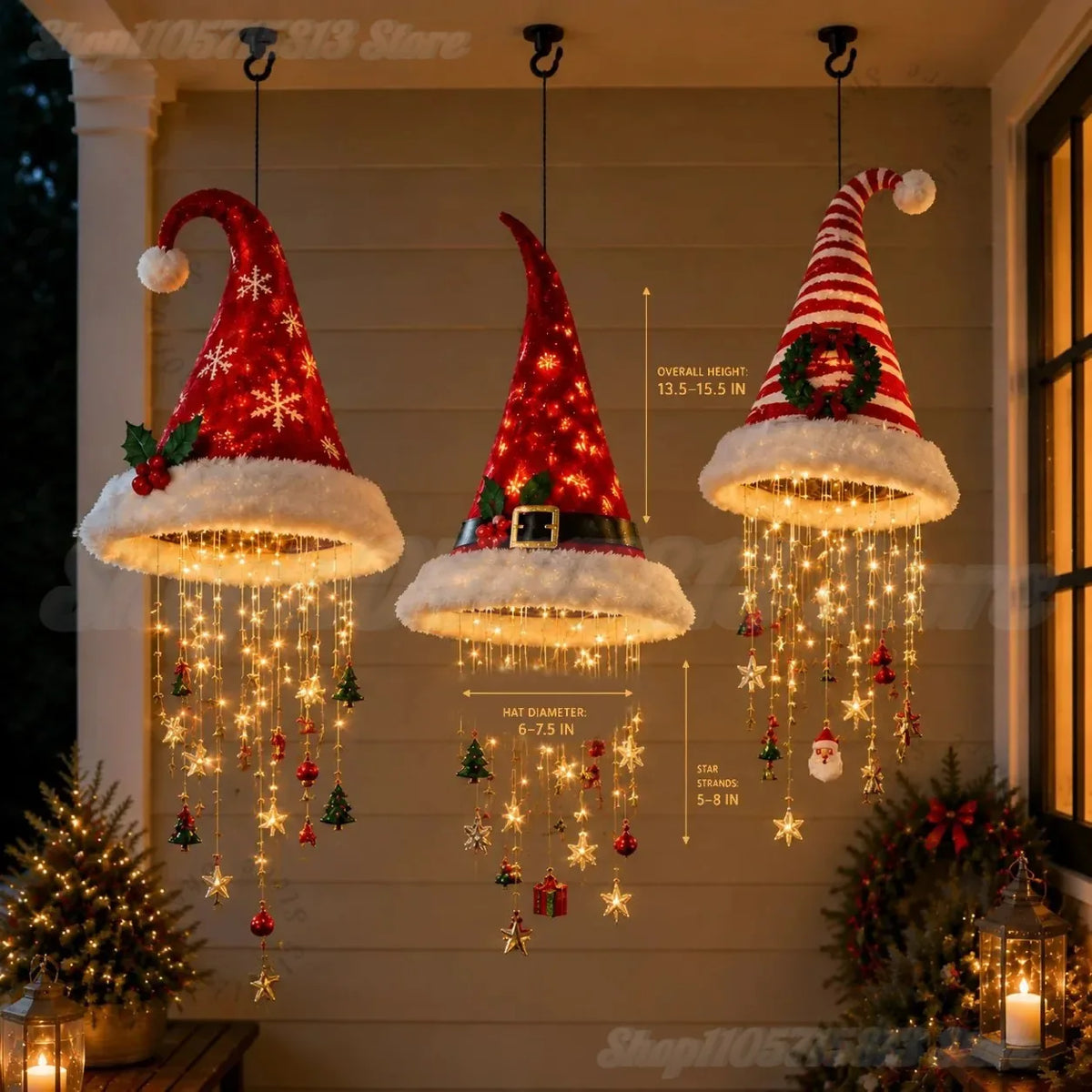 Lighted Santa Hat Hanging Chandelier – Warm LED Cascading Fringe Pendant Lamp for Porch, Patio, Window & Holiday Party Decor
