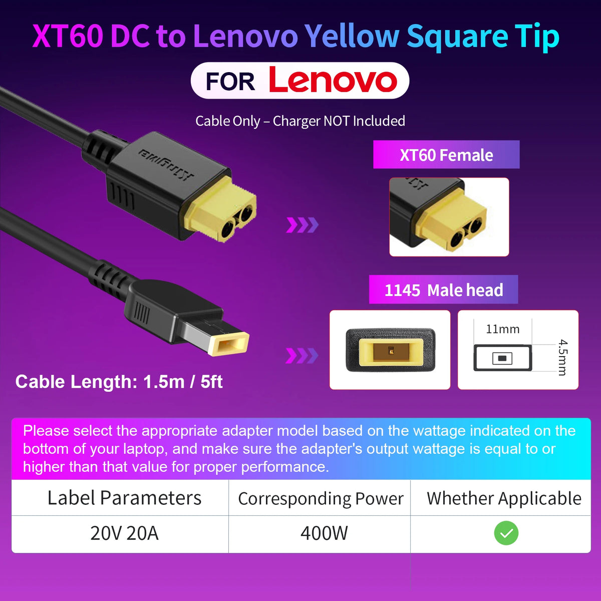 330W GaN Charger Laptop, XT60 to DC Cable Adapter,  Compatible with Lenovo, ASUS, Dell, Alienware, HP, Acer, MSI, Razer, Xiaomi