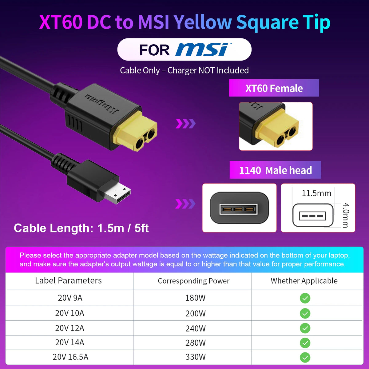 330W GaN Charger Laptop, XT60 to DC Cable Adapter,  Compatible with Lenovo, ASUS, Dell, Alienware, HP, Acer, MSI, Razer, Xiaomi