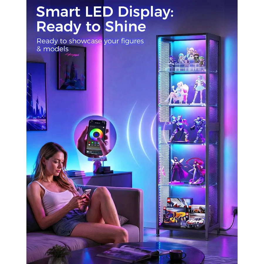 72" Tall Display Case with LED Lights, Display Cabinet for Small Space
