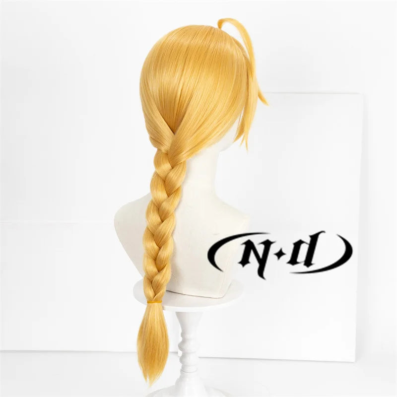 ND Edward Elric Cosplay Wig Anime Fullmetal Alchemist Cosplay Golden-blond Hair Wig for Comic-Con Halloween Theme Party