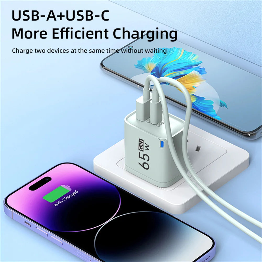 PD 65W USB Fast Charging 2 In 1 Charger Type C Quick Charge Charger For iPhone Xiaomi Huawei Samsung Mobile Phone Wall Adapter