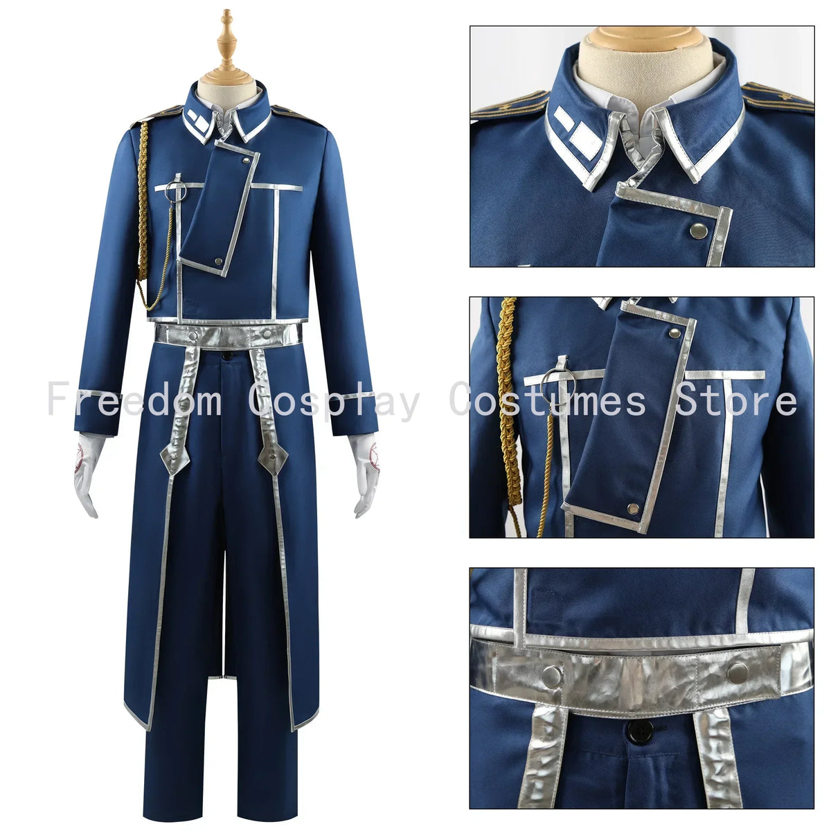 Roy Mustang Cosplay Anime Fullmetal Alchemist Costume Uniform Wig Blue Military Coat Game Exhibition Stage Party Outfit for Men