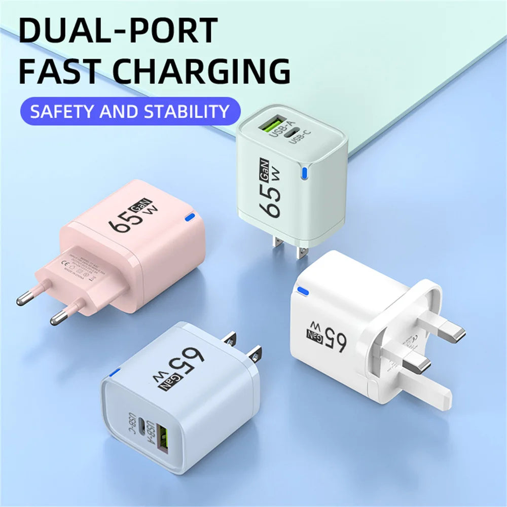 PD 65W USB Fast Charging 2 In 1 Charger Type C Quick Charge Charger For iPhone Xiaomi Huawei Samsung Mobile Phone Wall Adapter