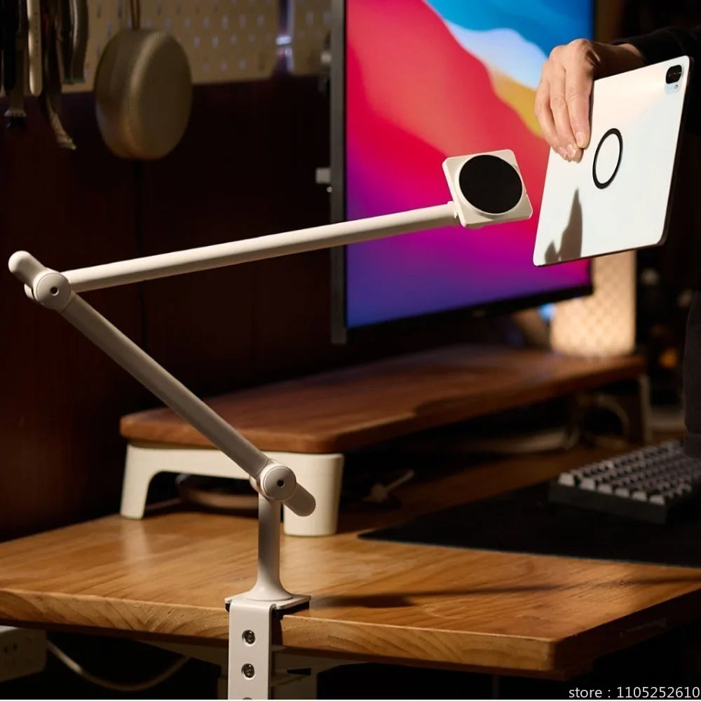 Magnetic Phone & Tablet Stand Adjustable Desk Clamp Arm 360° Rotating Aluminum Holder for iPhone iPad Overhead Lazy Mount