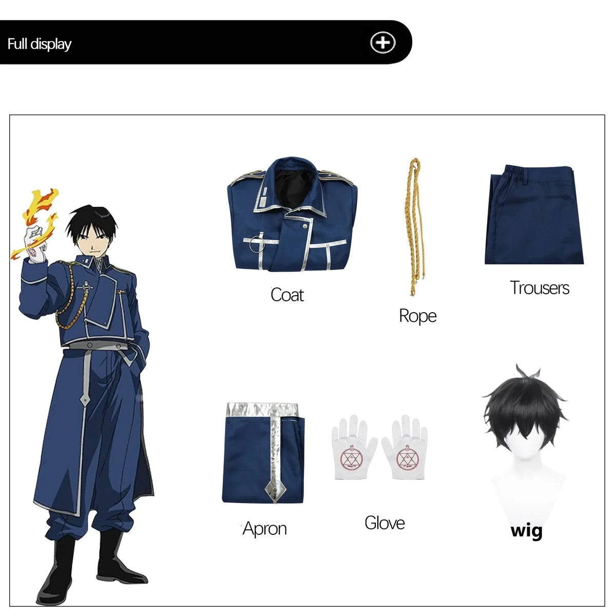 Roy Mustang Cosplay Anime Fullmetal Alchemist Costume Uniform Wig Blue Military Coat Game Exhibition Stage Party Outfit for Men