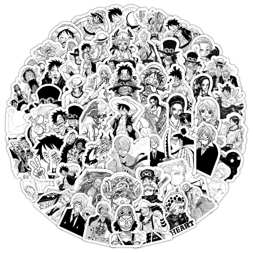 10/30/50/100pcs Black White Anime ONE PIECE Stickers Cartoon Luffy Zoro Sticker Toys DIY Waterproof Cool Manga Decals Decoration