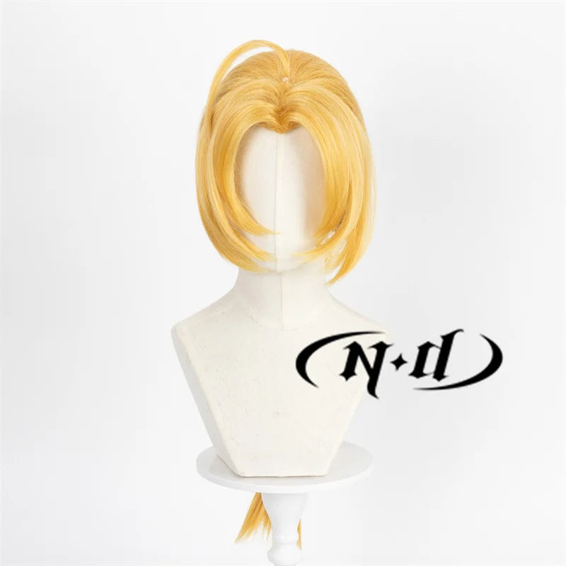 ND Edward Elric Cosplay Wig Anime Fullmetal Alchemist Cosplay Golden-blond Hair Wig for Comic-Con Halloween Theme Party