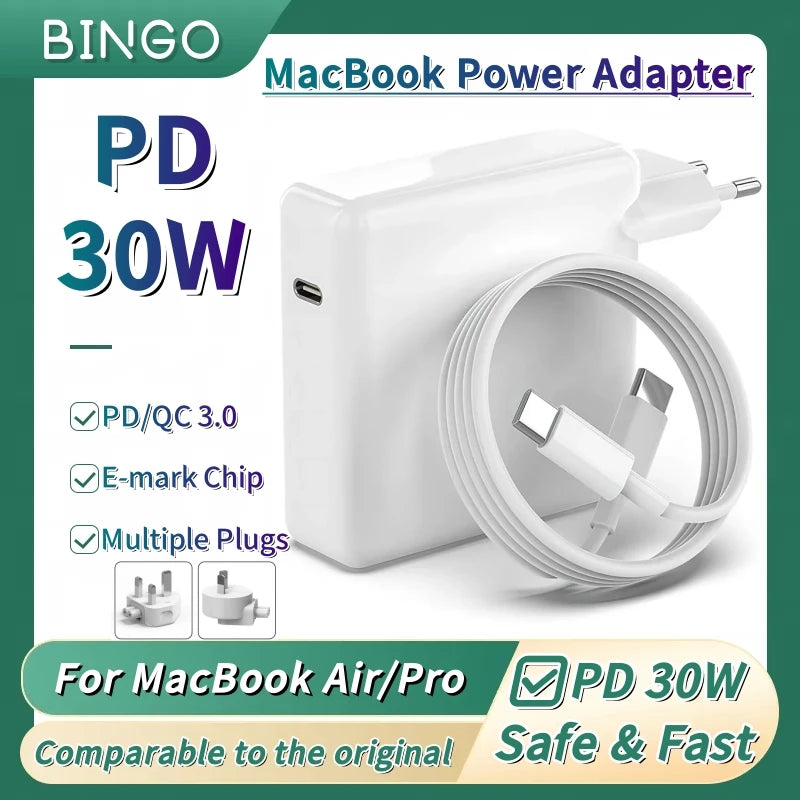 BINGO 30W GaN USB-C Fast Charger for MacBook Air & iPad Pro, PD3.0 Power Adapter, CE FCC RoHS certification, safe&fast charging