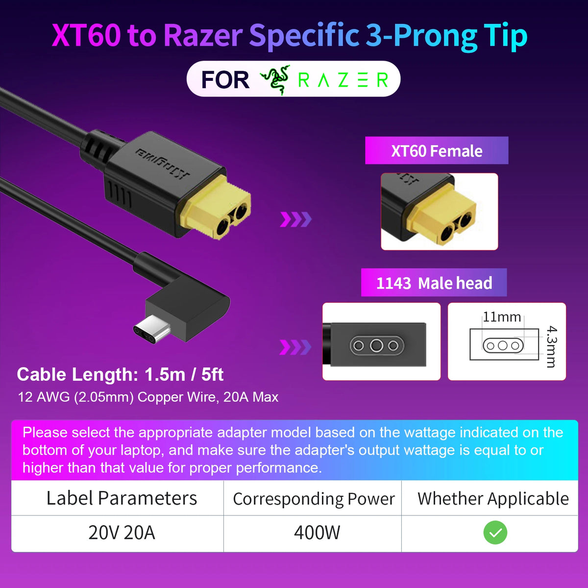 330W GaN Charger Laptop, XT60 to DC Cable Adapter,  Compatible with Lenovo, ASUS, Dell, Alienware, HP, Acer, MSI, Razer, Xiaomi