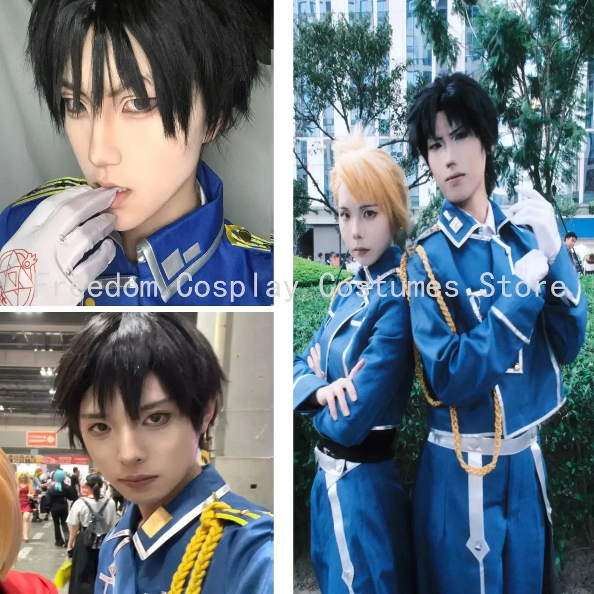 Roy Mustang Cosplay Anime Fullmetal Alchemist Costume Uniform Wig Blue Military Coat Game Exhibition Stage Party Outfit for Men