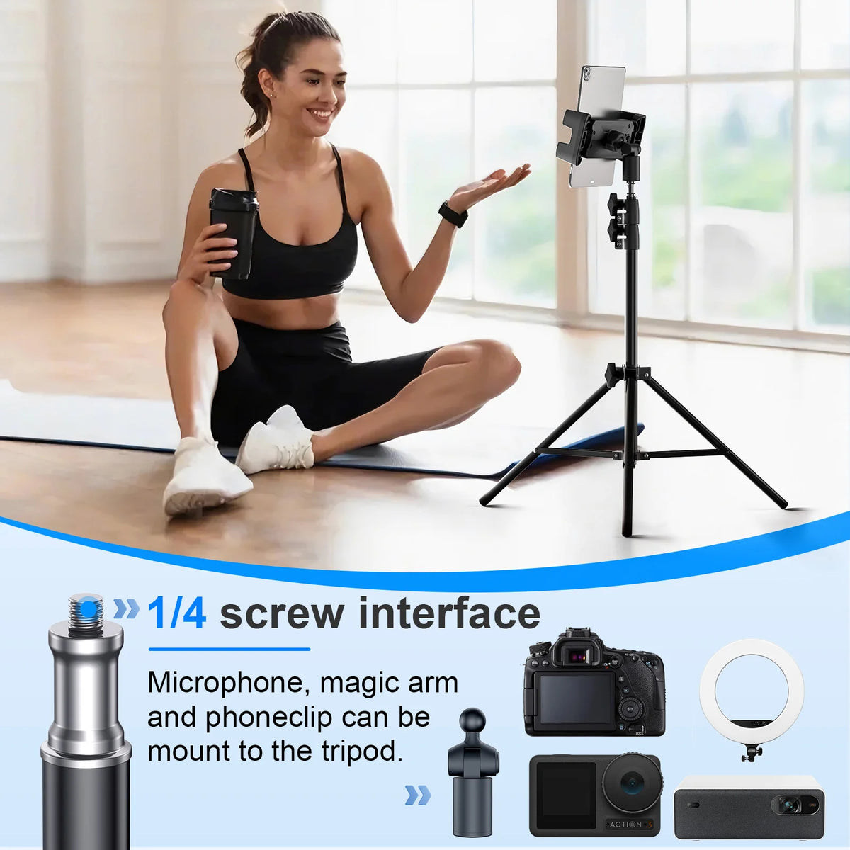 Floor Tripod Tablet Stand Height Adjustable Holder Mount Lazy Bracket for IPad Pro Air 12.9 Iphone 16 15 Max Samsung Cell Phone