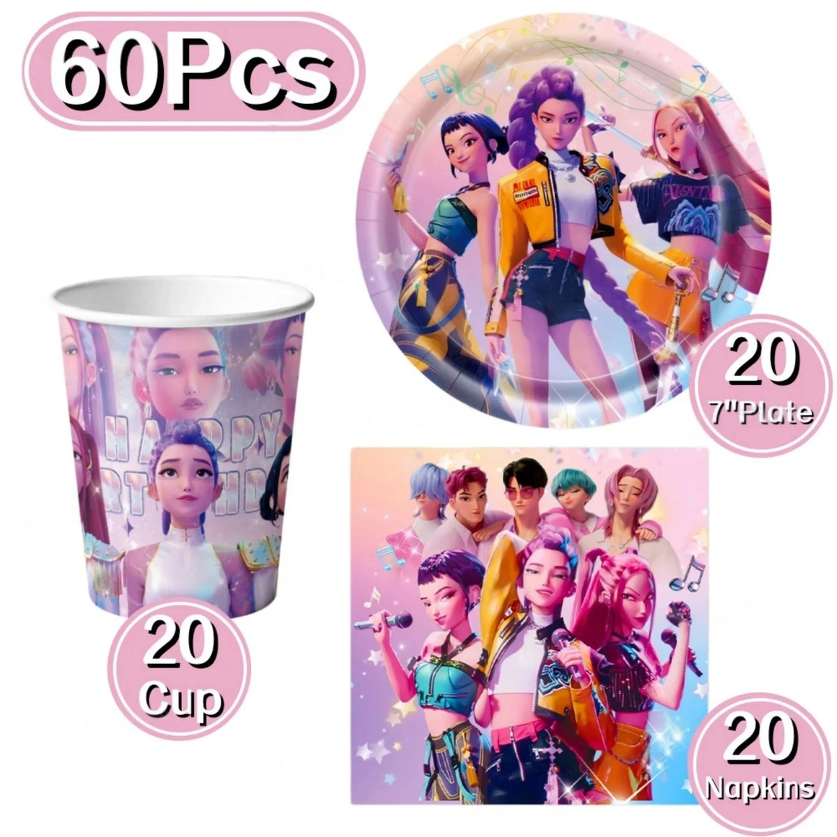 60Pcs Kpo Girl Theme Disposable Tableware Set Cartoon Paper Plates Cups Napkins Kids Birthday Baby Shower Party Supplies Decor